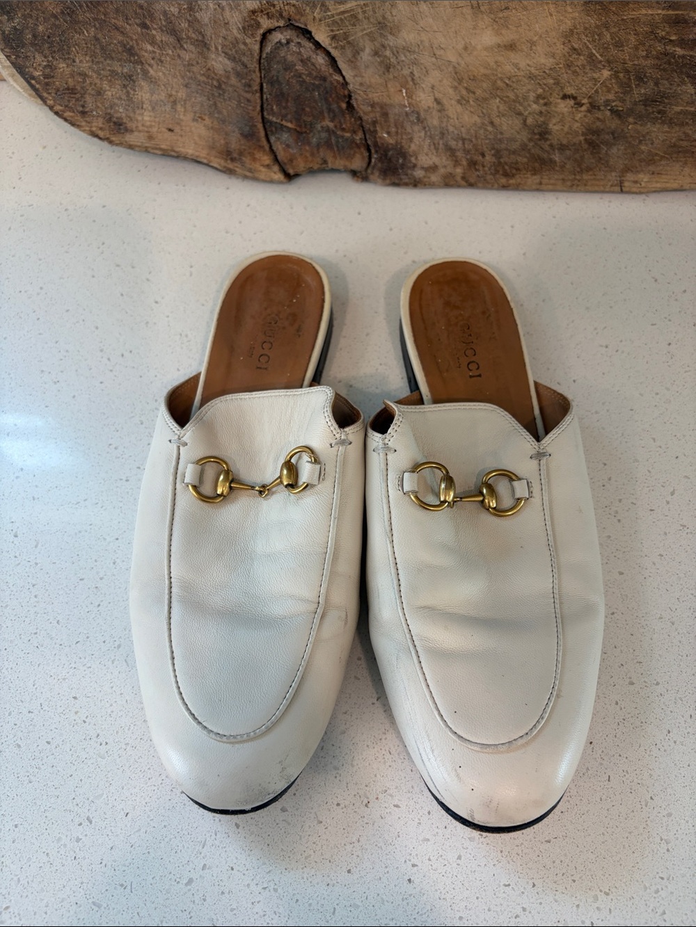 Gucci White Leather Horsebit Slide Mules